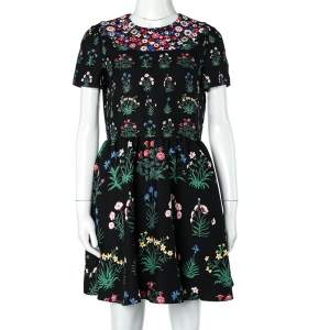 Pre Owned Valentino Black Floral Print Wool & Silk Mini Dress M
