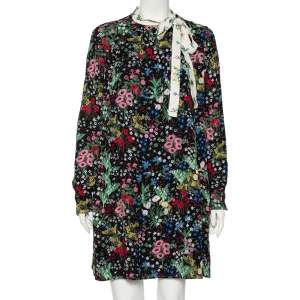 Pre Owned Valentino Black Camu Garden Printed Silk Neck Tie Detail Mini Dress L