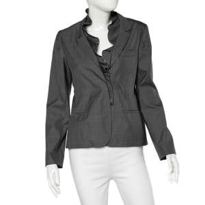 Valentino Grey Silk Ruffled Neck Button Front Blazer L