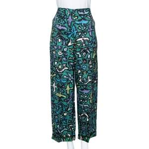 Pre Owned Valentino Green Silk Graffiti Print Straight Fit Trousers L