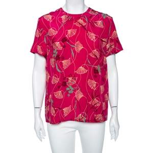 Pre Owned Valentino Pink Floral Print Silk Blouse L