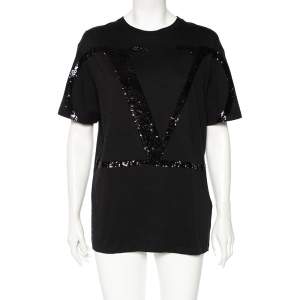 Pre Owned Valentino Black Cotton VLogo Sequence Embellished T-Shirt M 