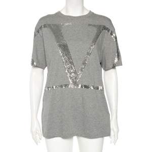 Pre Owned Valentino Grey Cotton VLogo Sequins Embellished T-Shirt M 