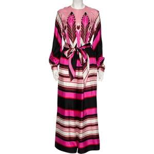 Valentino Pink Pop Feathers Baiadera Print Silk Belted Long Sleeve Jumpsuit M 