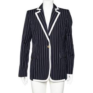 Valentino Midnight Blue Striped Cotton Button Front Blazer L