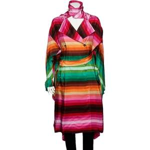 Valentino Multicolor Rainbow Striped Silk Asymmetrical Hem Cape Detail Trench Coat M