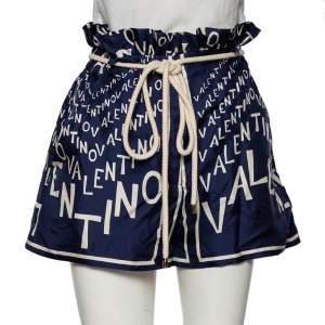 Valentino Blue Logo Print Silk Rope Belted High Waist Shorts M