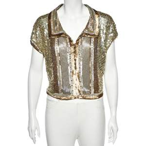 Pre Owned Valentino Gold Embellished Cap Sleeve Crop Top L