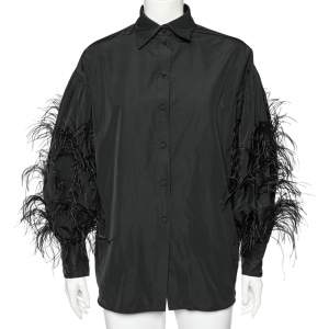 Pre Owned Valentino Black Cotton & Ostrich Feather Detailed Button Front Shirt M