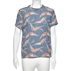 Pre Owned Valentino Blue Bird Printed Silk Top M
