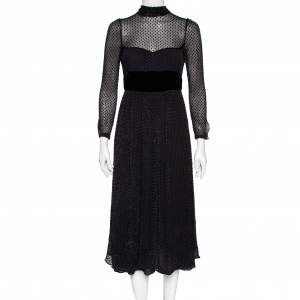 Valentino Black Velvet Polka Dotted & Silk Neck Tie Detailed Midi Dress M