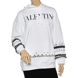 Valentino White Cotton Rib Knit Embellished Hoodie S