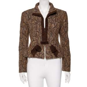 Valentino Brown Boucle Knit & Suede Trimmed Zip Front Jacket L