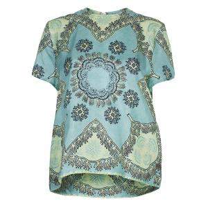 Pre Owned Valentino Mint Green Printed Short Sleeve Silk Top M