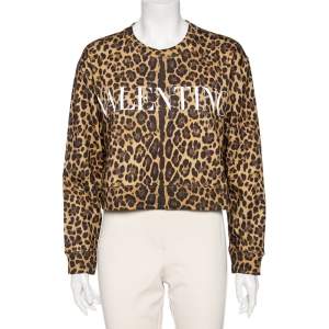 Valentino Brown Leopard Printed Cotton Cropped Sweatshirt L