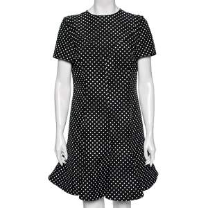 Pre Owned Valentino Black Polka Dotted Wool Flared Hem Detailed Dress L