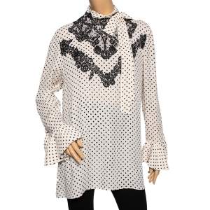 Pre Owned Valentino Cream Polka Dotted Silk Lace Trimmed Neck Tie Detailed Blouse L