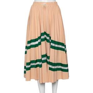 Pre Owned Valentino Peach Crepe & Lace Trimmed Pleated Midi Skirt M 