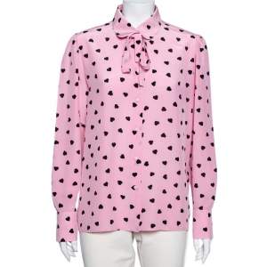 Pre Owned Valentino Pink Heart Printed Silk Neck Tie Detail Shirt L
