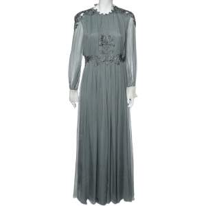 Valentino Grey Crepe de Chine Silk Embellished Maxi Dress L