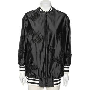 Pre Owned Valentino Black Silk & Rib Knit Trimmed Butterfly Embroidered Bomber Jacket S