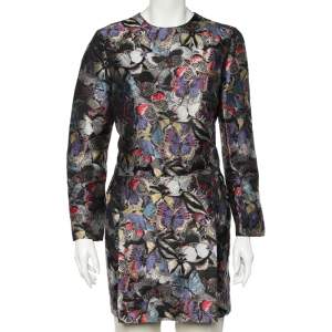 Pre Owned Valentino Multicolor Butterfly Silk Jacquard Low Pleat Detail Mini Dress L