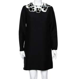 Pre Owned Valentino Black Wool & Silk Crepe Embellished Neck Shift Dress M