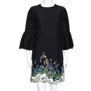 Pre Owned Valentino Black Crepe Sequin Embellished Flounce Sleeve Dress M