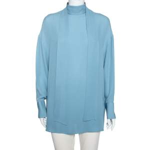 Pre Owned Valentino Blue Silk Bow Tie Back Long Sleeve Blouse M