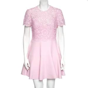 Pre Owned Valentino Pink Lace and Crepe Short Sleeve Crew Neck Dress M
