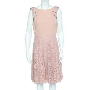 Pre Owned Valentino Pink Lace & Silk Bow Shoulder Detail Sleeveless Midi Dress M
