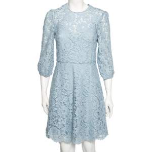 Pre Owned Valentino Blue Lace Crew Neck Dress M