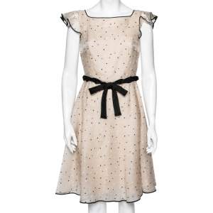Pre Owned Valentino Beige Silk Polka Dots Embroidered Ruffle Sleeve Bow Waist Flared Dress M