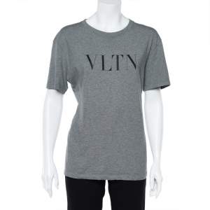 Pre Owned Valentino Grey VLTN Printed Cotton Crewneck Oversized T-Shirt S