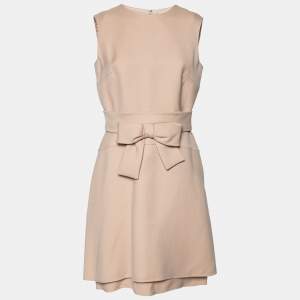 Pre Owned Valentino Beige Wool & Silk Bow Detail Belted Sleeveless Dress L