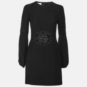 Pre Owned Valentino Black Silk Crepe Embroidered Appliqued Dress M