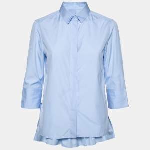 Pre Owned Valentino Blue Cotton Gathered Hem Detail Button Front Shirt M