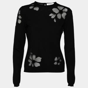 Pre Owned Valentino Black Knit Floral Bead Embellished Long Sleeve Top M