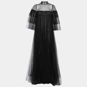 Pre Owned Valentino Black Mesh Beaded Embellished Tulle Maxi Dress M