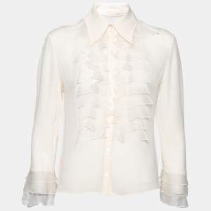 Pre Owned Valentino Cream Crepe Ruffle Detail Button Front Long Sleeve Blouse L
