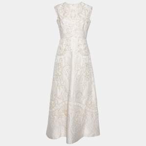 Pre Owned Valentino Cream Floral Textured Jacquard and Embellished Maxi Sleeveless Dress M 