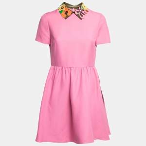 Pre Owned Valentino Pink Wool & Silk Leather Applique Detail Short Sleeve Dress M