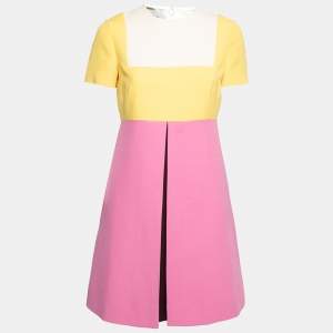 Pre Owned Valentino Pink Color-block Wool & Silk Pleat Detail Short Sleeve Dress M