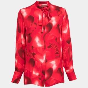 Pre Owned Valentino Red Heart Printed Silk Neck Tie Detail Button Front Blouse M