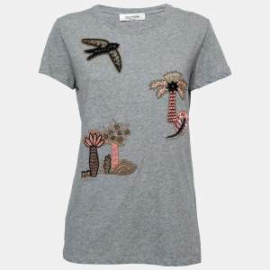 Pre Owned Valentino Grey Cotton Embroidered Embellished Round Neck T-Shirt M