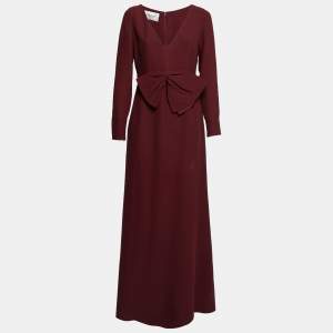 Pre Owned Valentino Maroon Silk Crepe Bow Detail Maxi Dress M