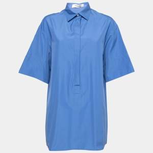 Pre Owned Valentino Blue Cotton Button Front Short Sleeve Blouse L