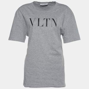 Pre Owned Valentino Grey Jersey VLTN Print Crew Neck T-Shirt L
