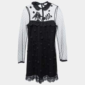 Red Valentino Black Tulle & Lace Floral Appliqued Long Sleeve Short Dress S