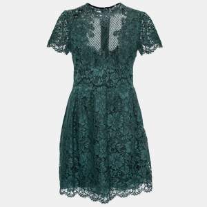 Pre Owned Valentino Green Floral Lace Bead Embellished Short Sleeve Dress 